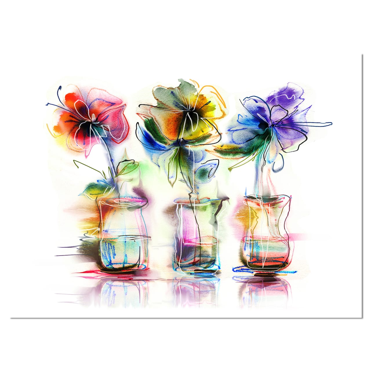 Designart - Abstract Flowers in Glass Vases - Extra Large Floral Wall Art
